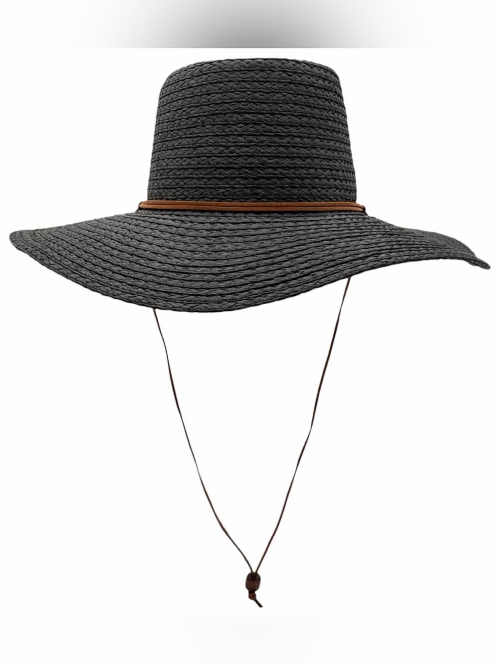 Black Wide Brim Straw Sun Hat with Brown Chin Cord